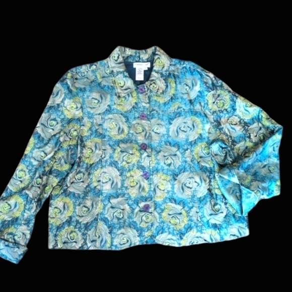Green/blue Floral Sequin brocade sequins mermaid unique artsy Blazer sz L - Picture 10 of 12